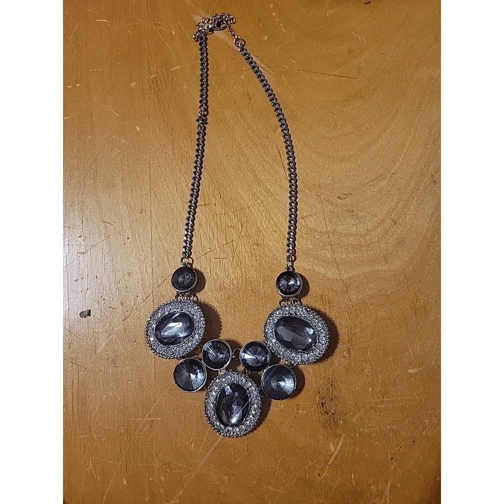 Vintage Rhinestone Accented‎ Glass and Lucite Bead Gray Metal Statement Necklace